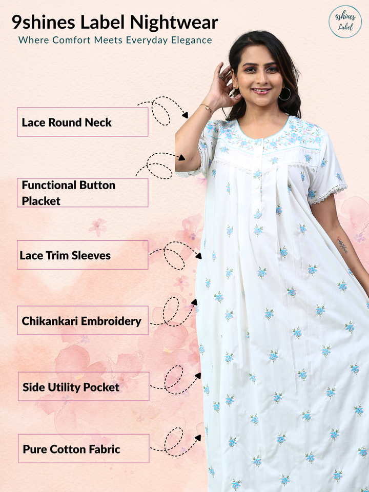 Light grey chikankari pure cotton nighty for summer