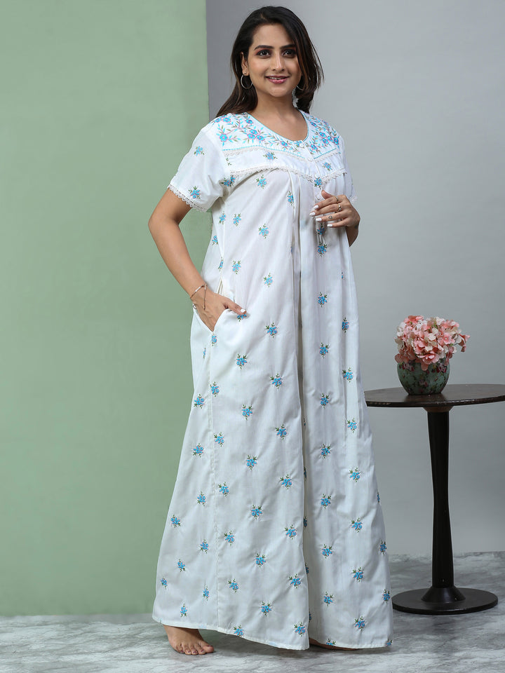 Light grey chikankari pure cotton nighty for summer