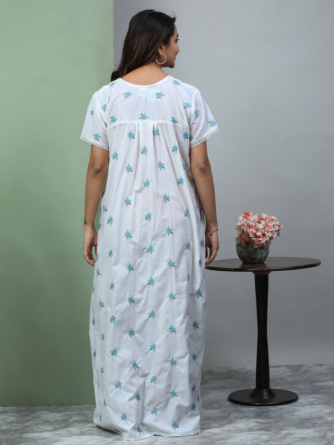 Light grey chikankari pure cotton nighty for summer