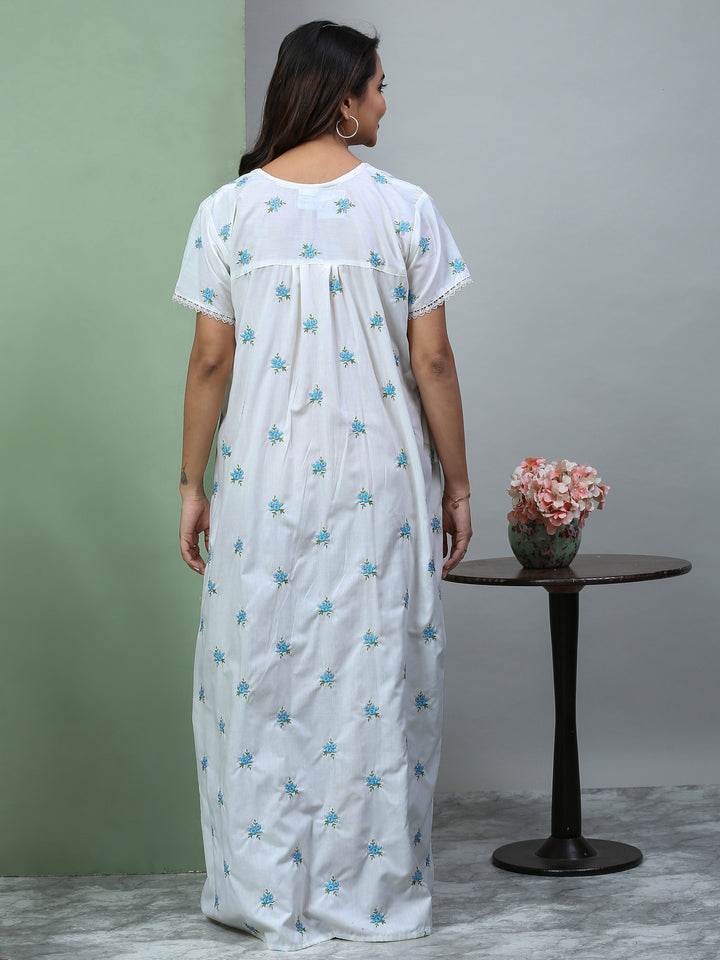 Light grey chikankari pure cotton nighty for summer