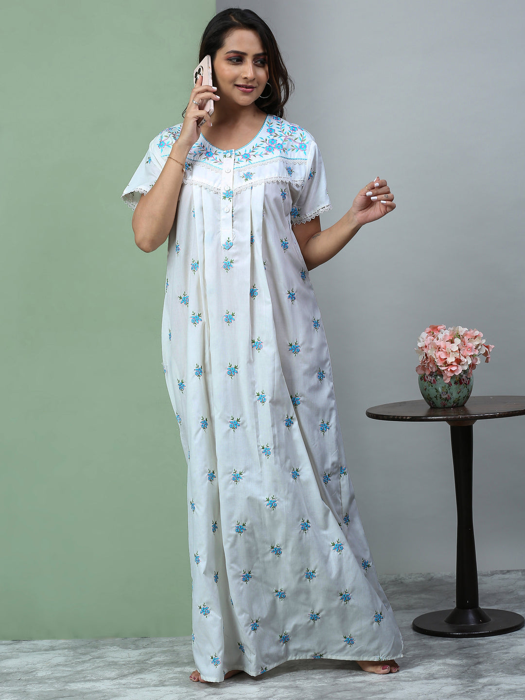 Light grey chikankari pure cotton nighty for summer