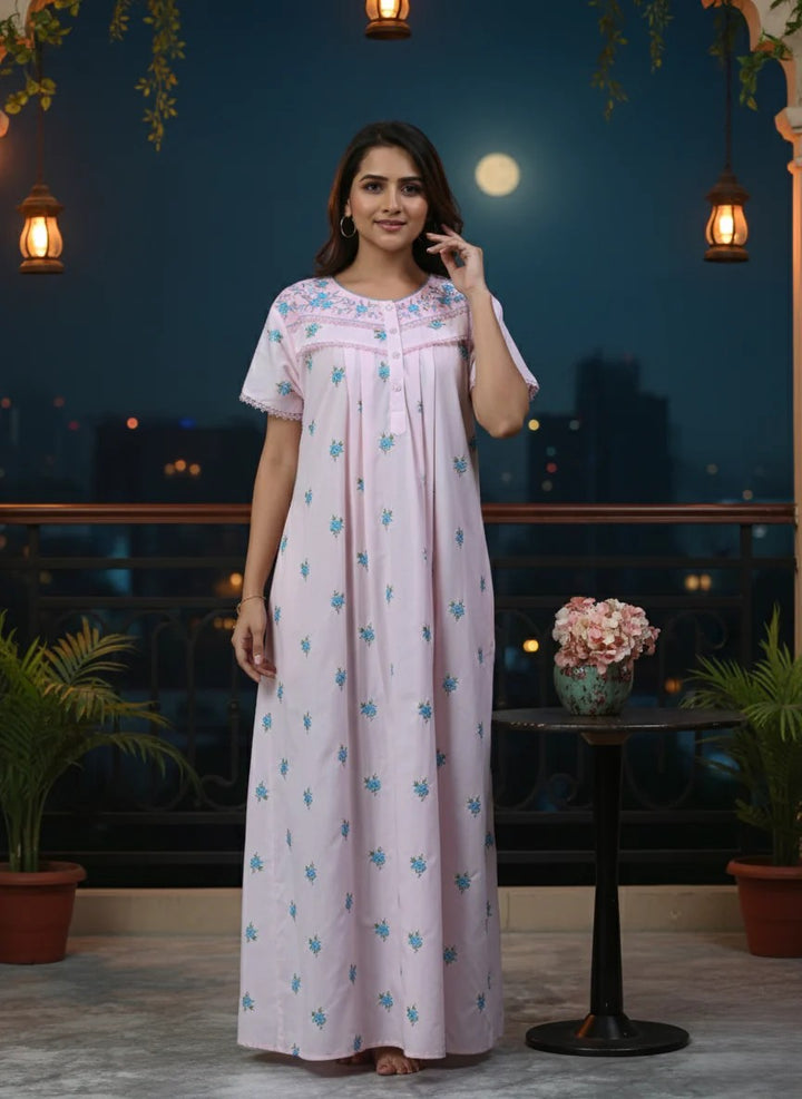Premium light pink chikankari pure cotton nighty 