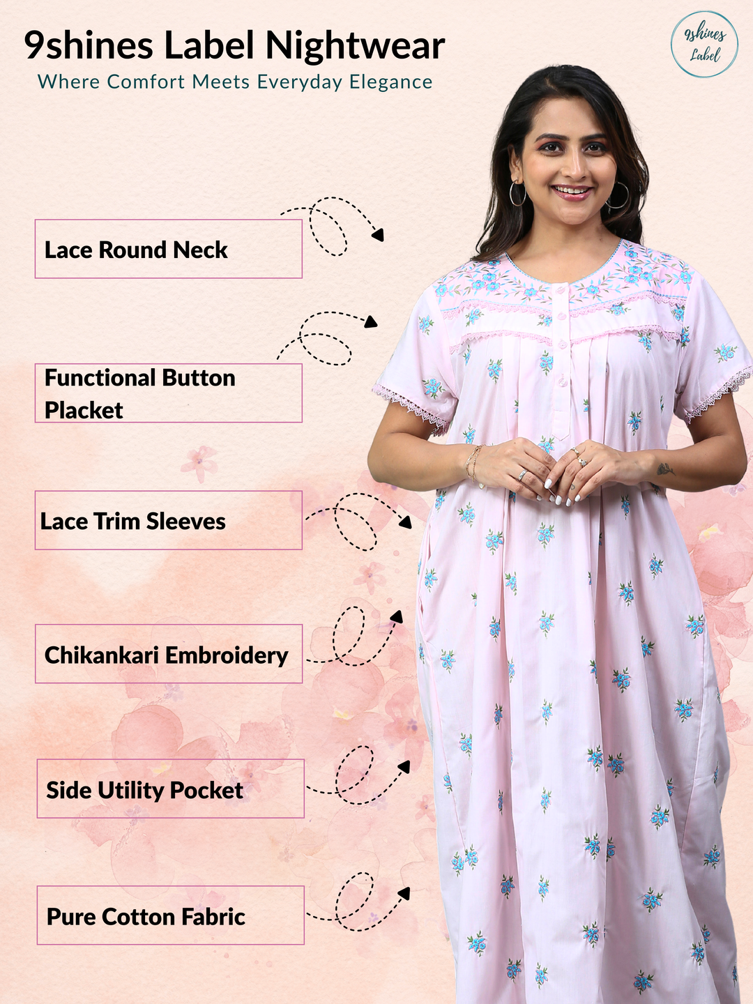 Premium light pink chikankari pure cotton nighty
