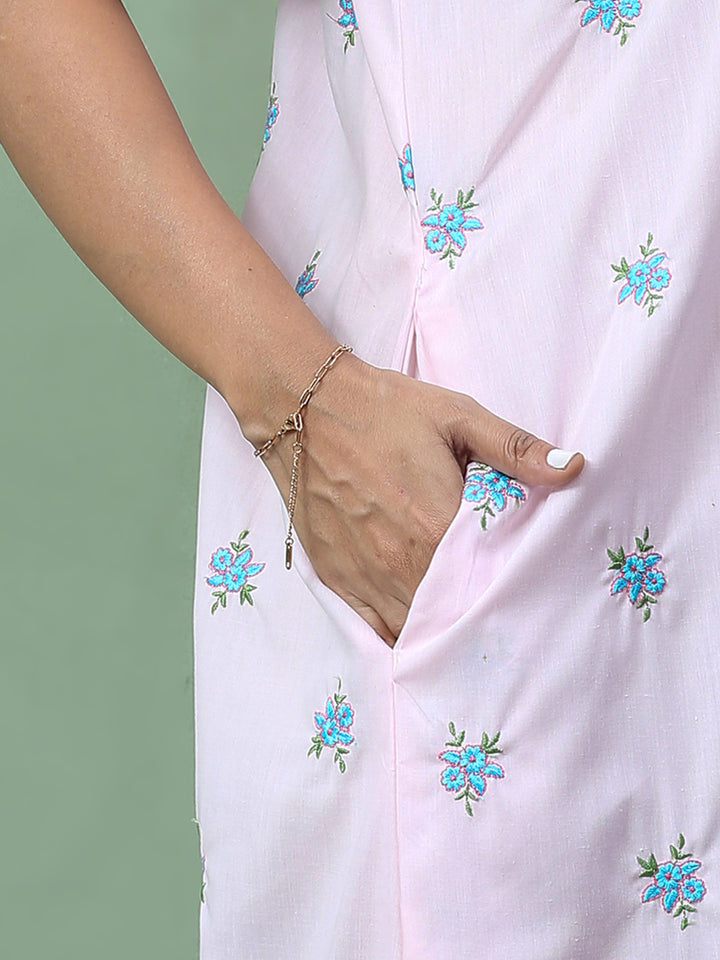 Premium light pink chikankari pure cotton nighty