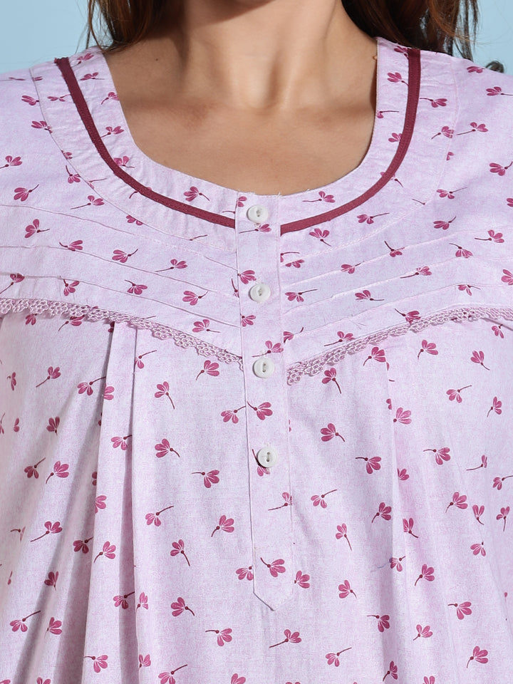 Light Pink Pleated Cotton Night dress for Women