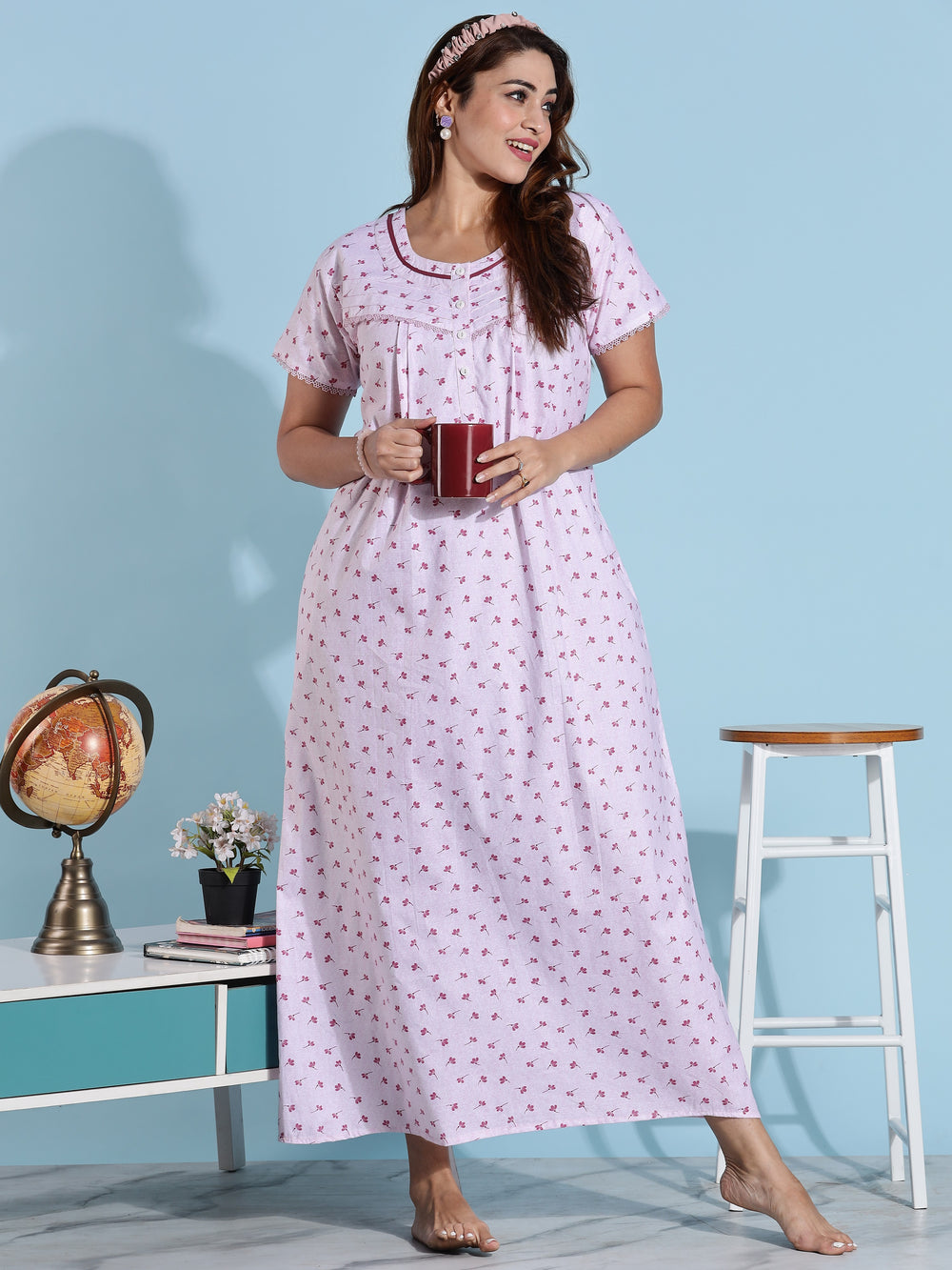 Light Pink Pleated Cotton Night dress for Women