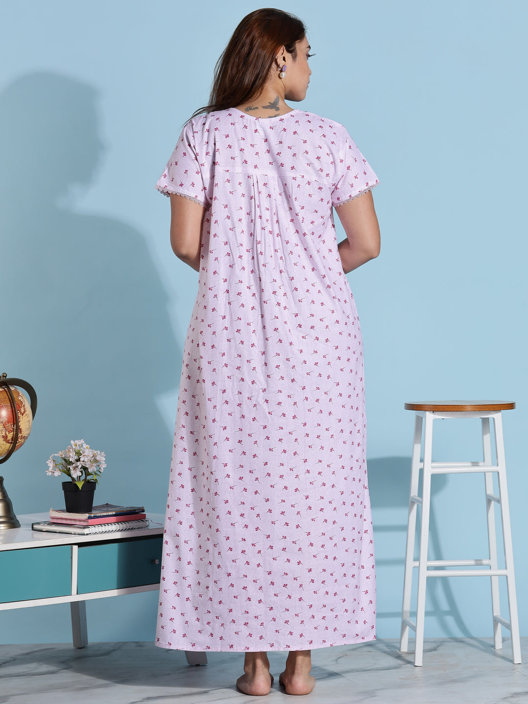 Light Pink Pleated Cotton Night dress for Women