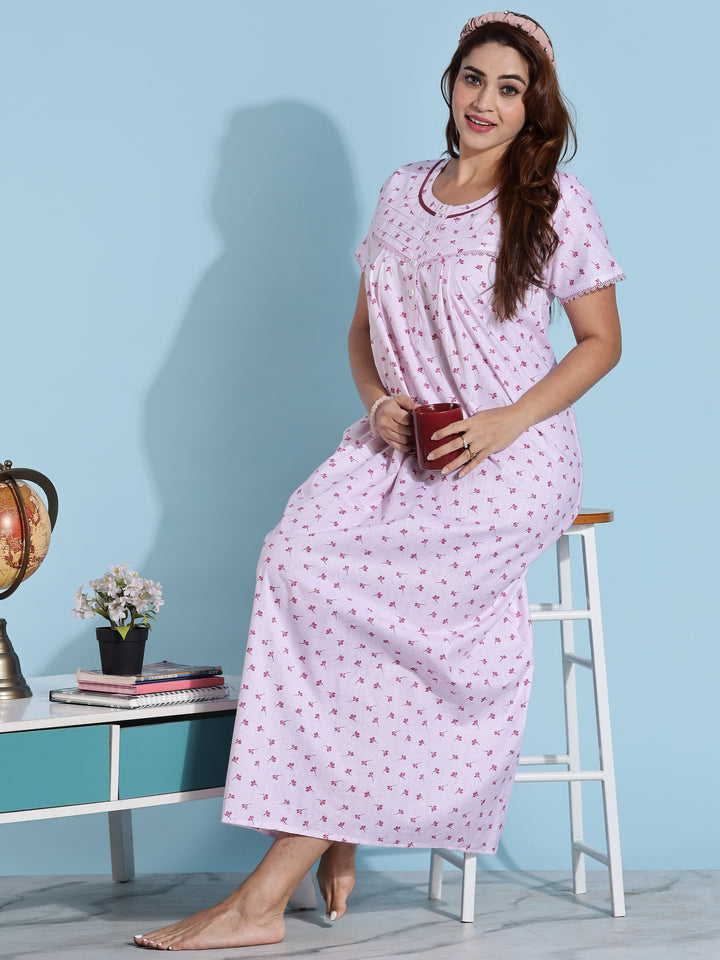 Light Pink Pleated Cotton Night dress for Women