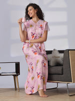 Rayon Floral A Line Light Pink Nighty with Lace Frill Sleeves