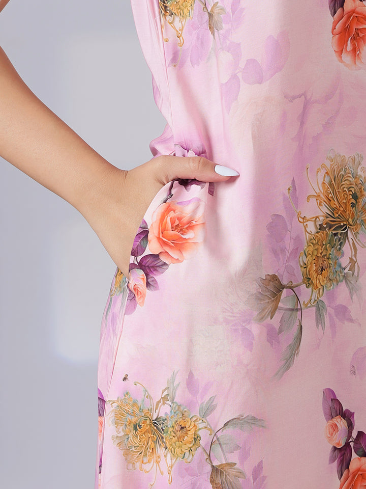 Rayon floral light pink summer nighty for women