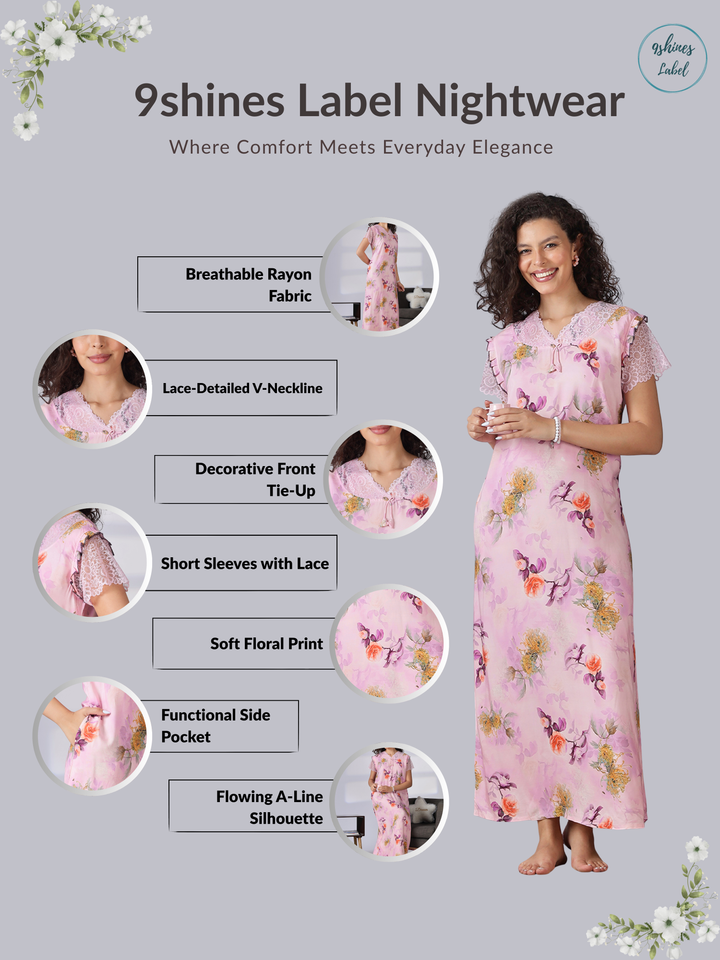 Rayon floral light pink summer nighty for women