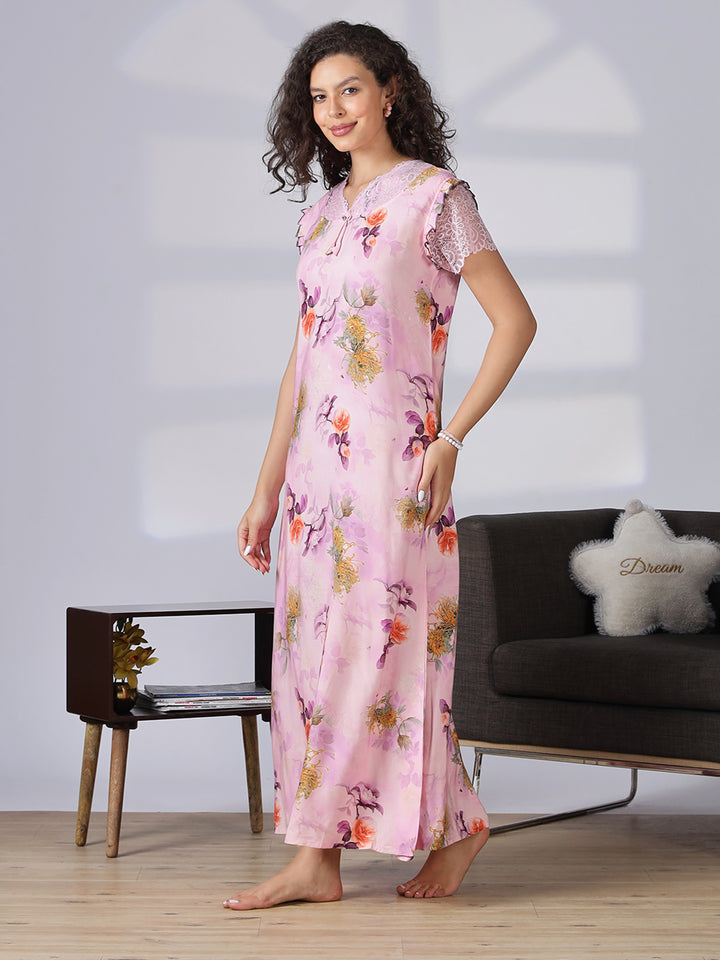Rayon floral light pink summer nighty for women