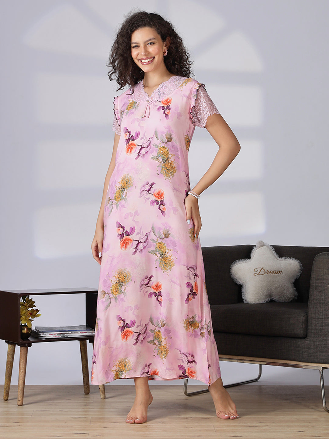 Rayon floral light pink summer nighty for women