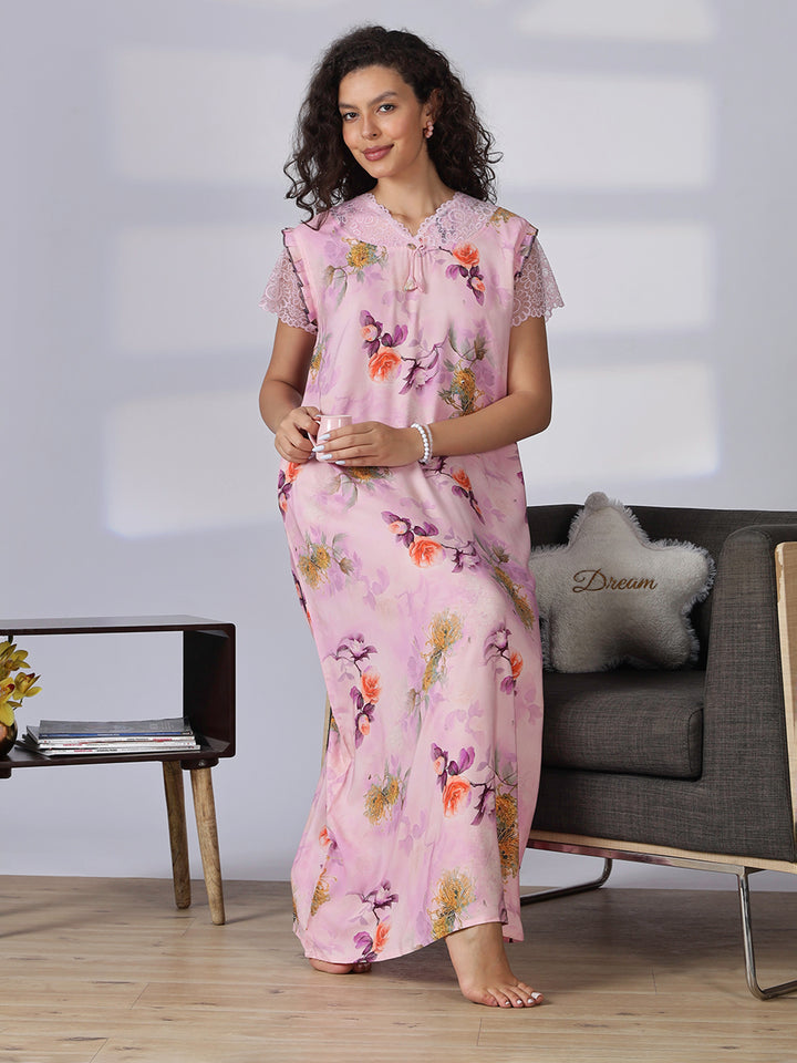 Rayon floral light pink summer nighty for women