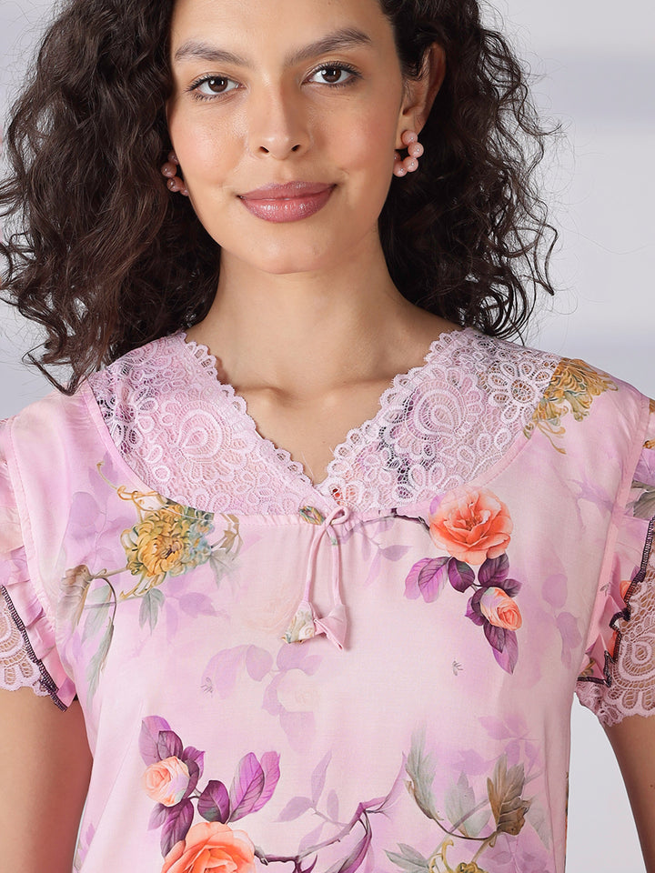 Rayon floral light pink summer nighty for women