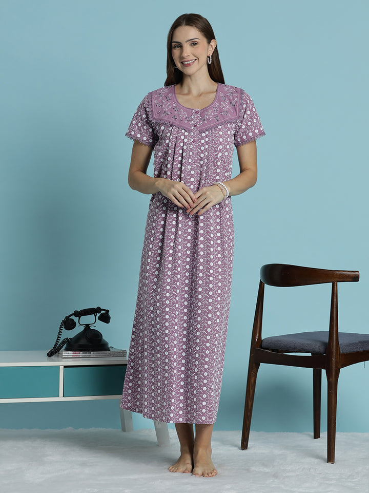 Floral print pure cotton chikankari light purple womens nighty