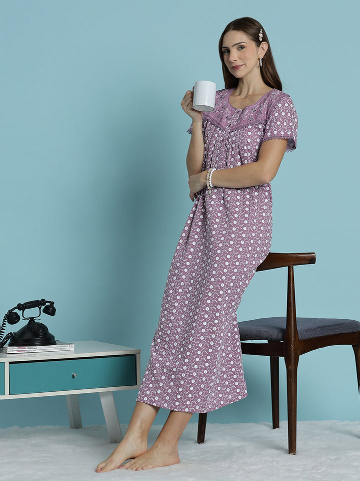 Floral print pure cotton chikankari light purple womens nighty