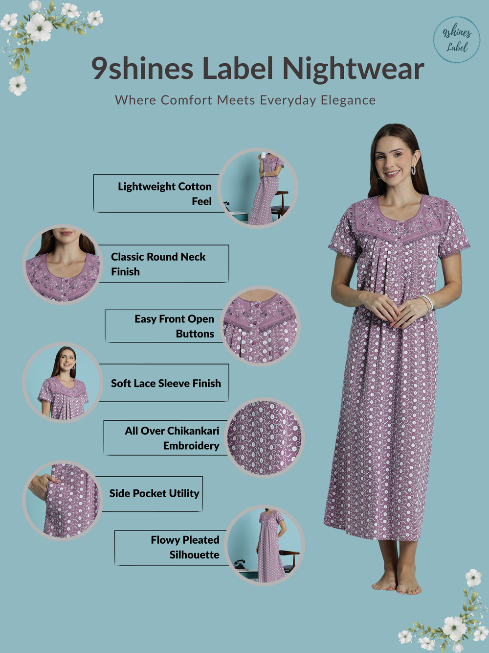 Floral print pure cotton chikankari light purple womens nighty