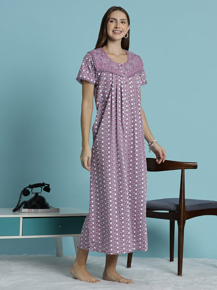 Floral print pure cotton chikankari light purple womens nighty