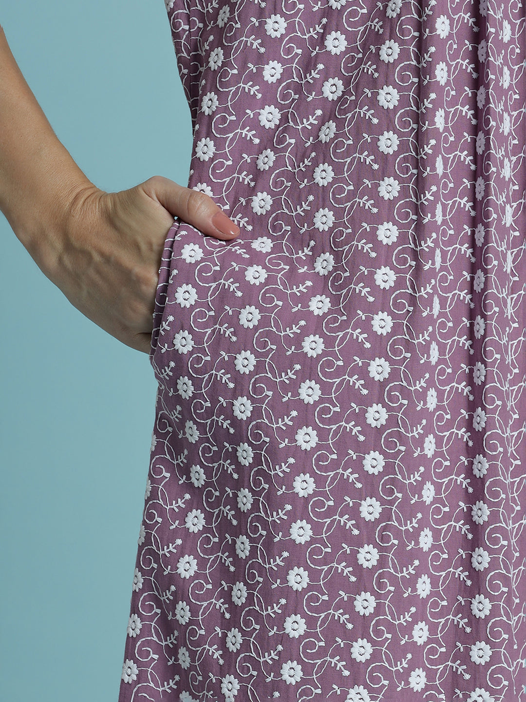 Floral print pure cotton chikankari light purple womens nighty