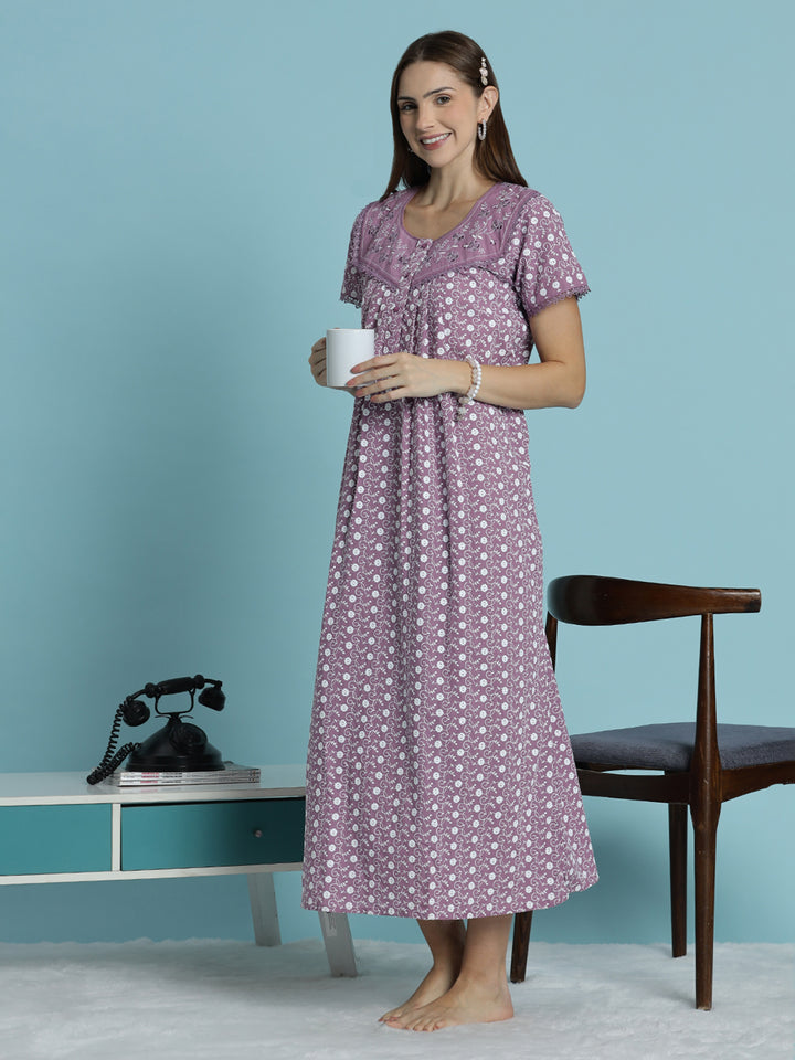 Floral print pure cotton chikankari light purple womens nighty