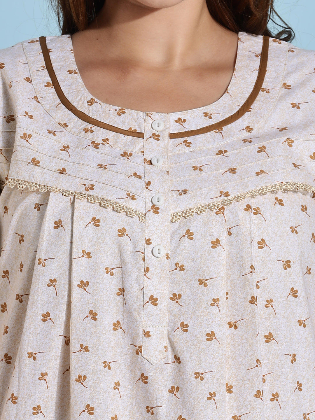 Premium Light Yellow Floral Cotton Night dress for Women