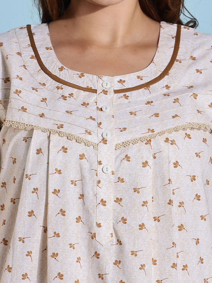Premium Light Yellow Floral Cotton Night dress for Women