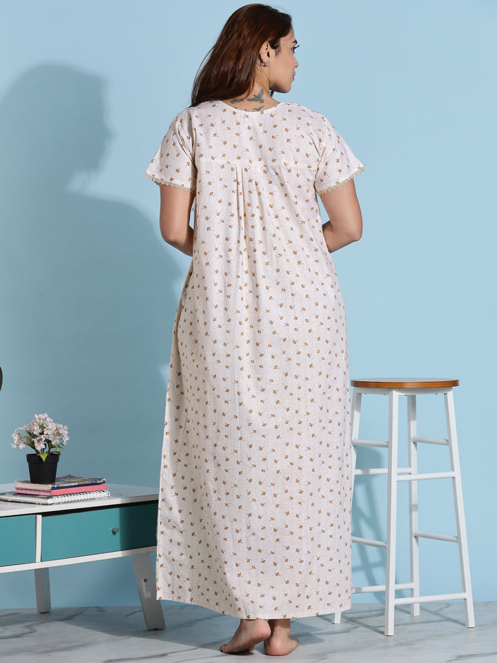 Premium Light Yellow Floral Cotton Night dress for Women