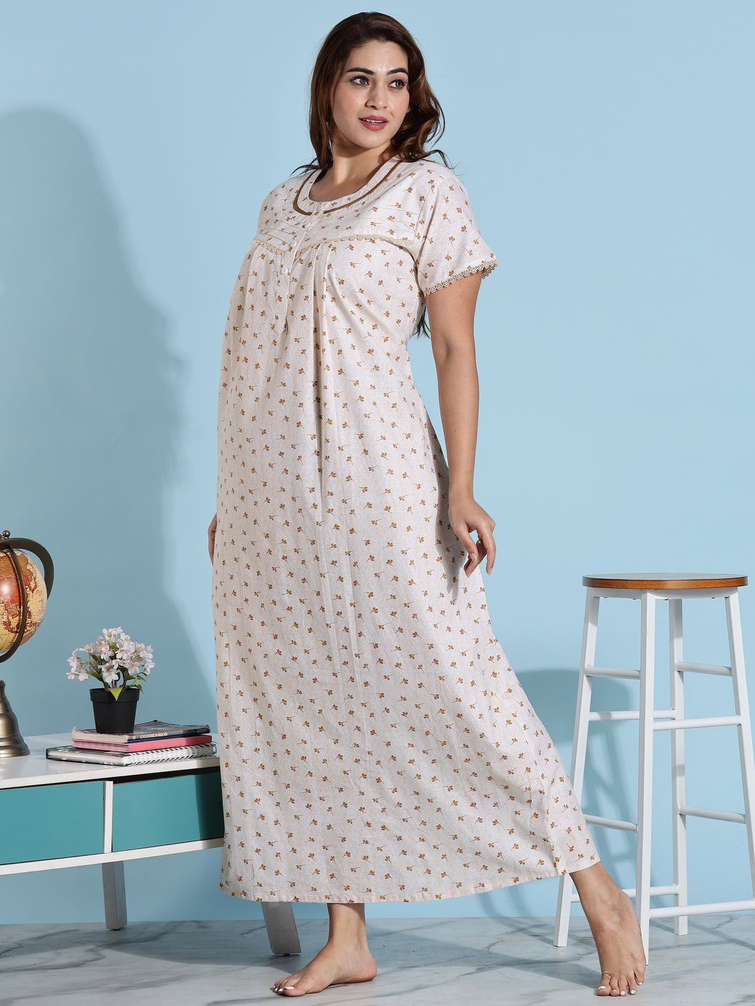 Premium Light Yellow Floral Cotton Night dress for Women