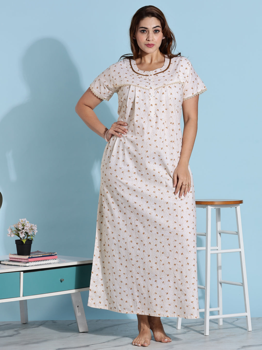 Premium Light Yellow Floral Cotton Night dress for Women