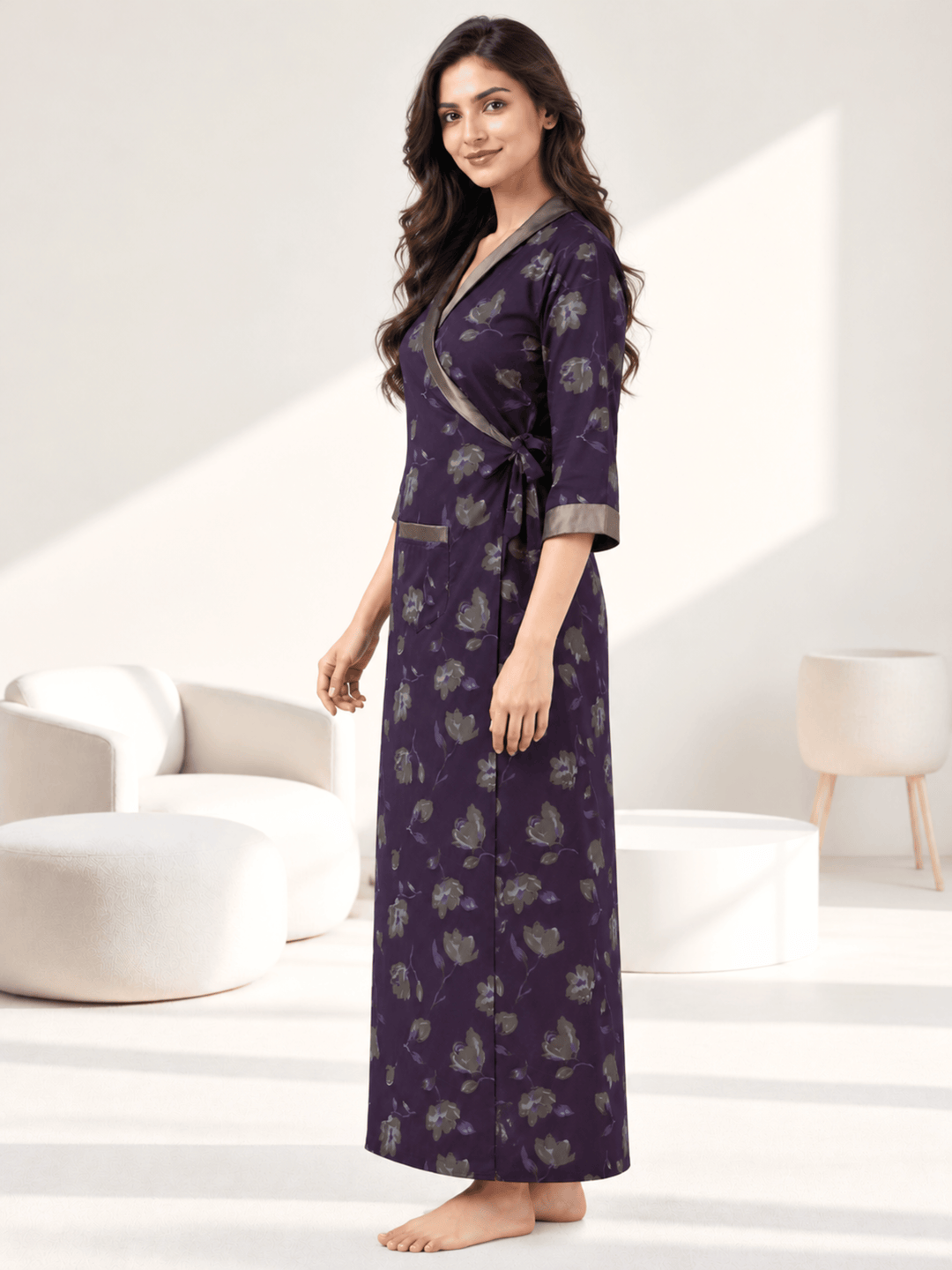 Dark wine floral house coat for women online