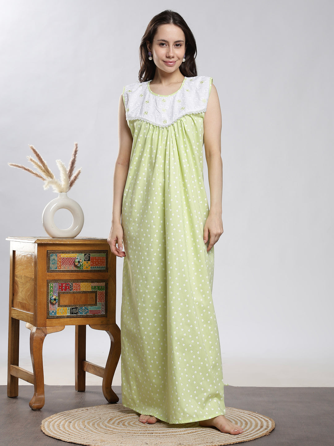 Pure cotton long sleeveless nighty for women in pista green