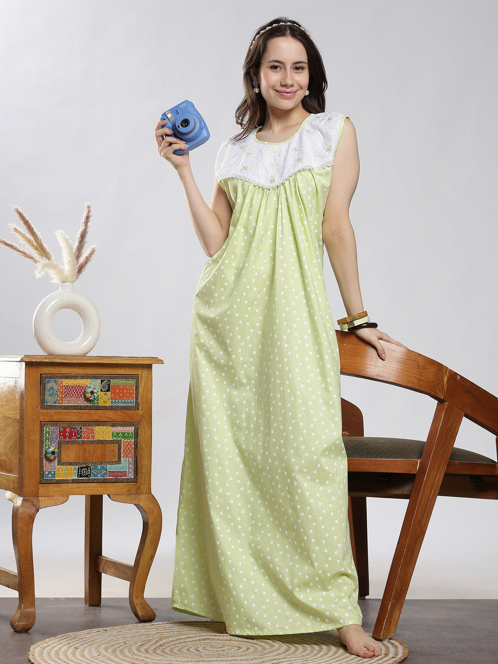 Pure cotton long sleeveless nighty for women in pista green