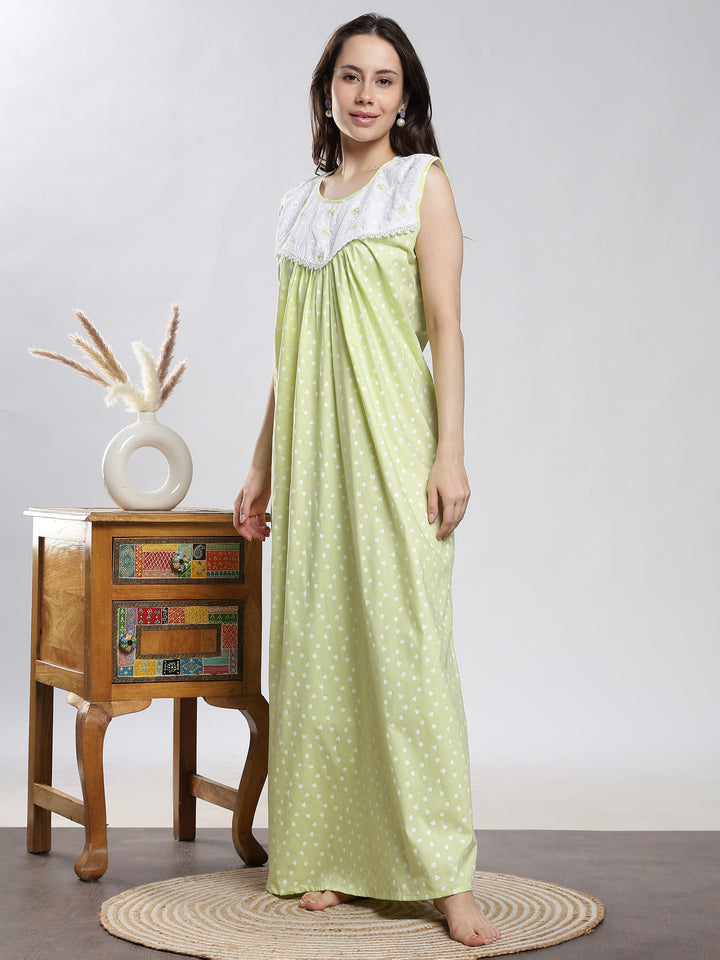 Pure cotton long sleeveless nighty for women in pista green