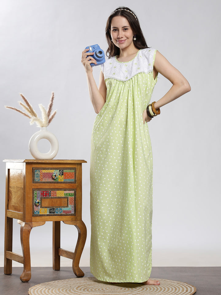 Pure cotton long sleeveless nighty for women in pista green