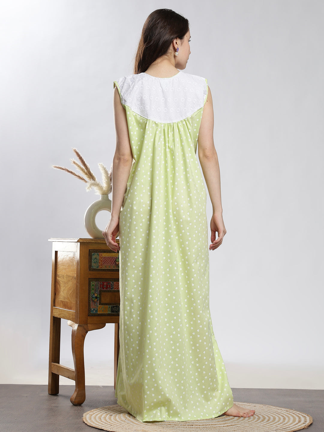 Pure cotton long sleeveless nighty for women in pista green