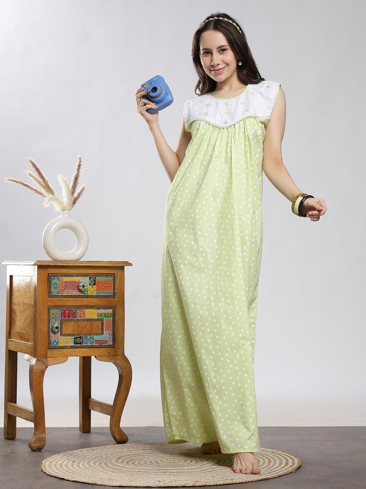 Pure cotton long sleeveless nighty for women in pista green