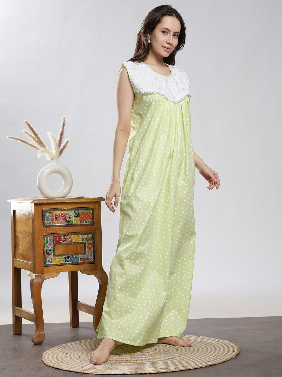 Pure cotton long sleeveless nighty for women in pista green