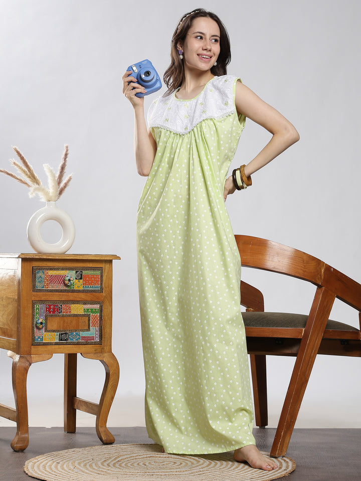 Pure cotton long sleeveless nighty for women in pista green