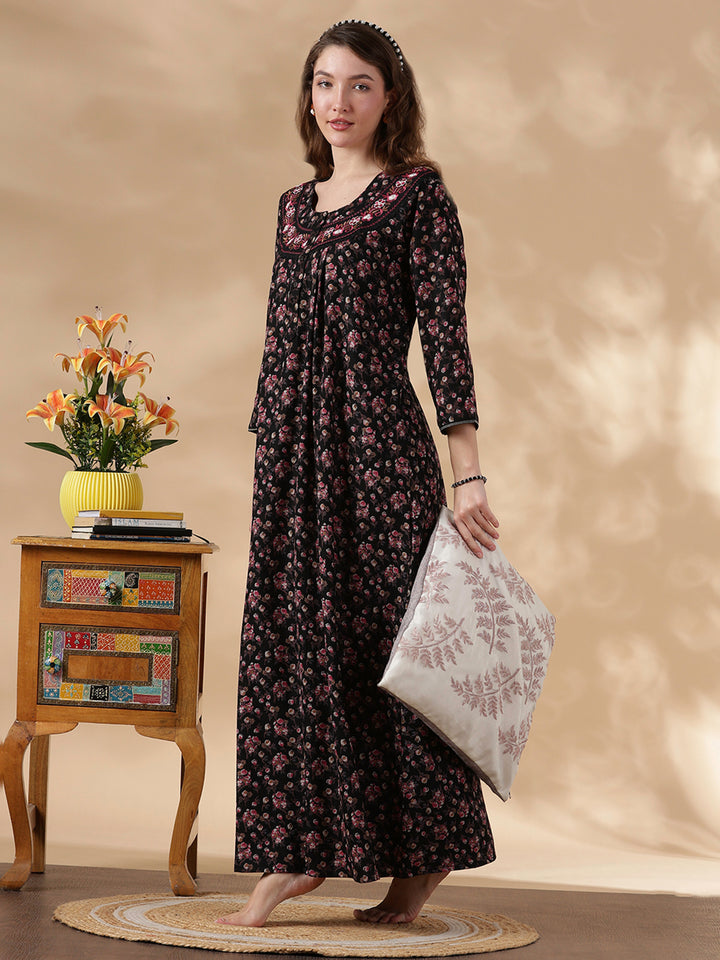 Alpine Magenta Floral Embroidered Ladies Nighty Dress