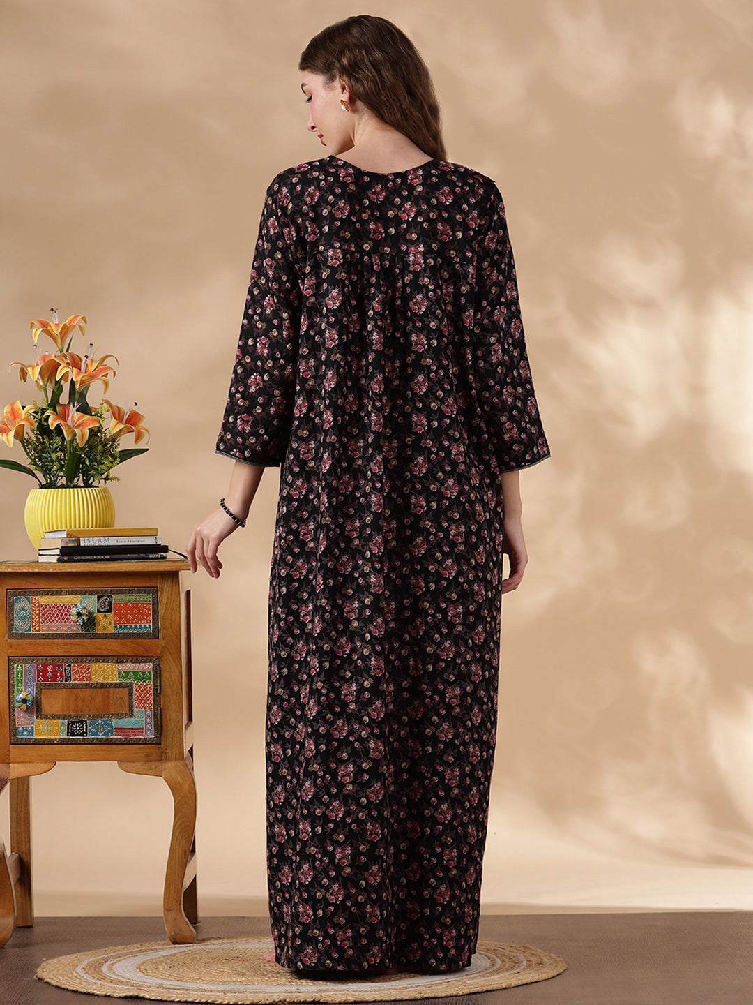 Alpine Magenta Floral Embroidered Ladies Nighty Dress