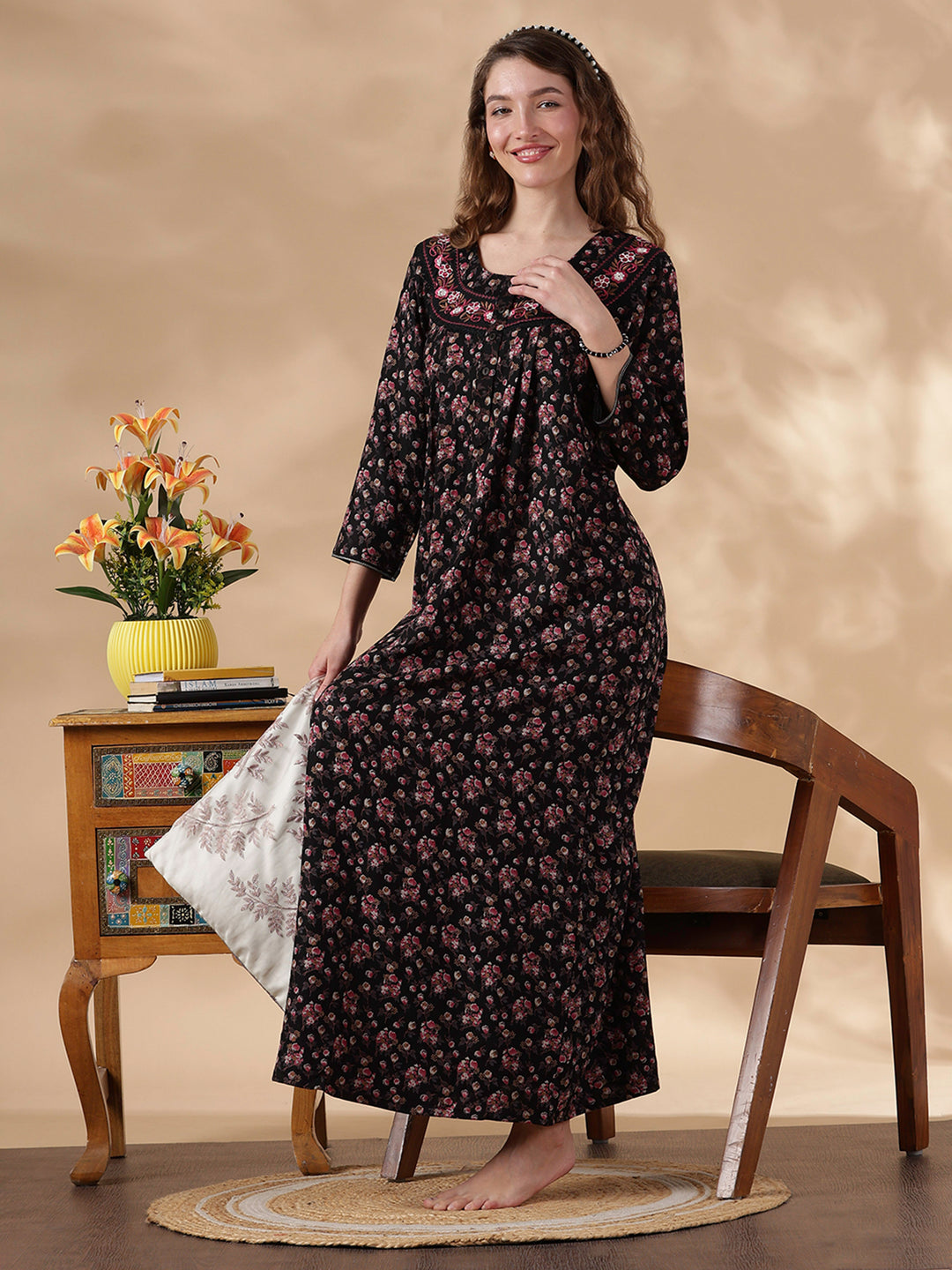 Alpine Magenta Floral Embroidered Ladies Nighty Dress