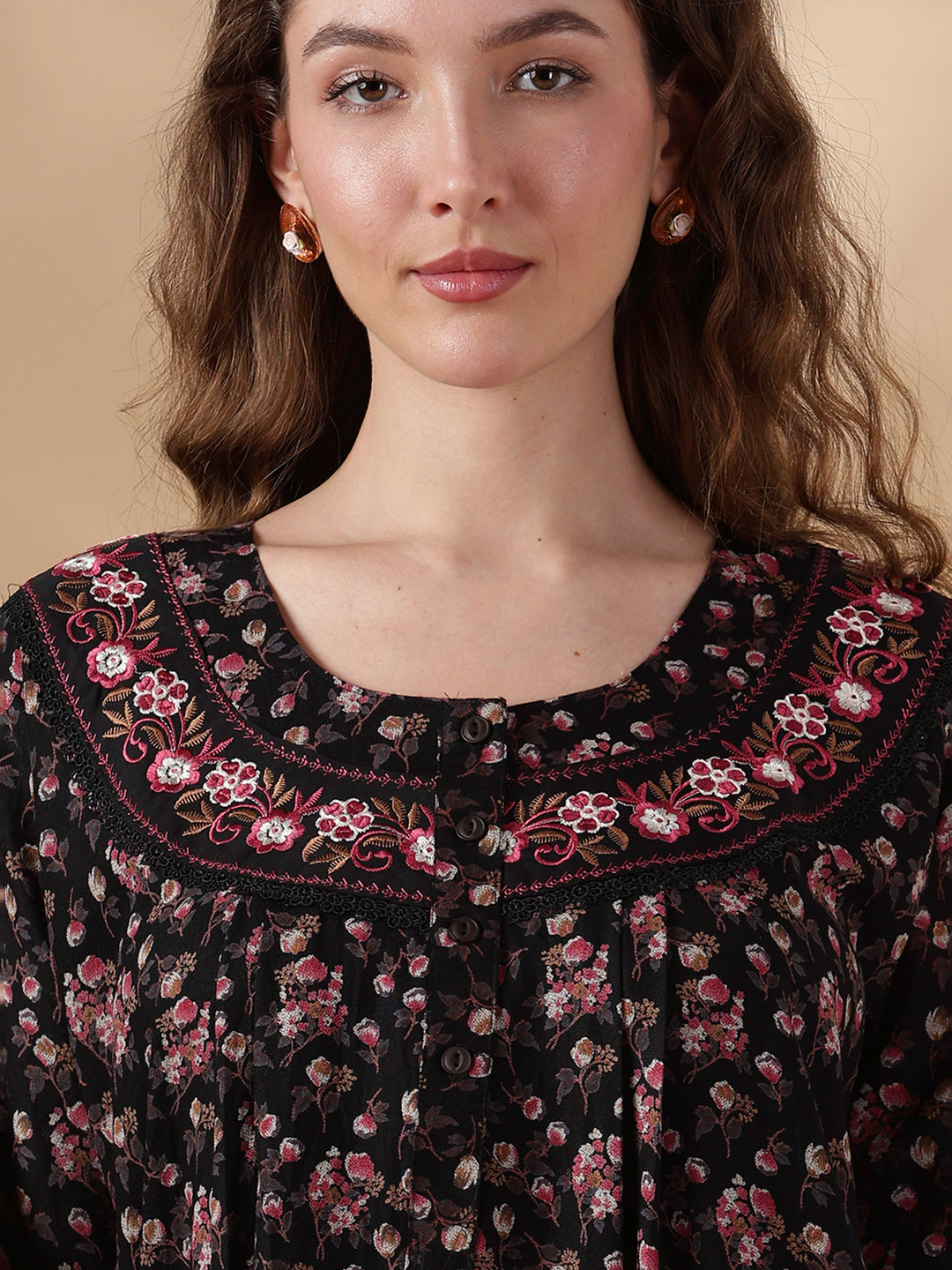 Alpine Magenta Floral Embroidered Ladies Nighty Dress