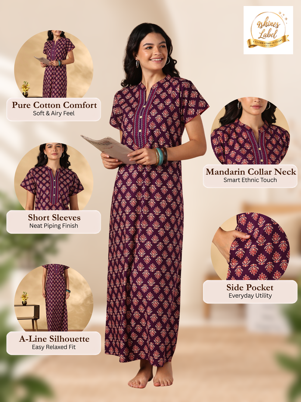 Pure cotton night dress for women with mandarin collar