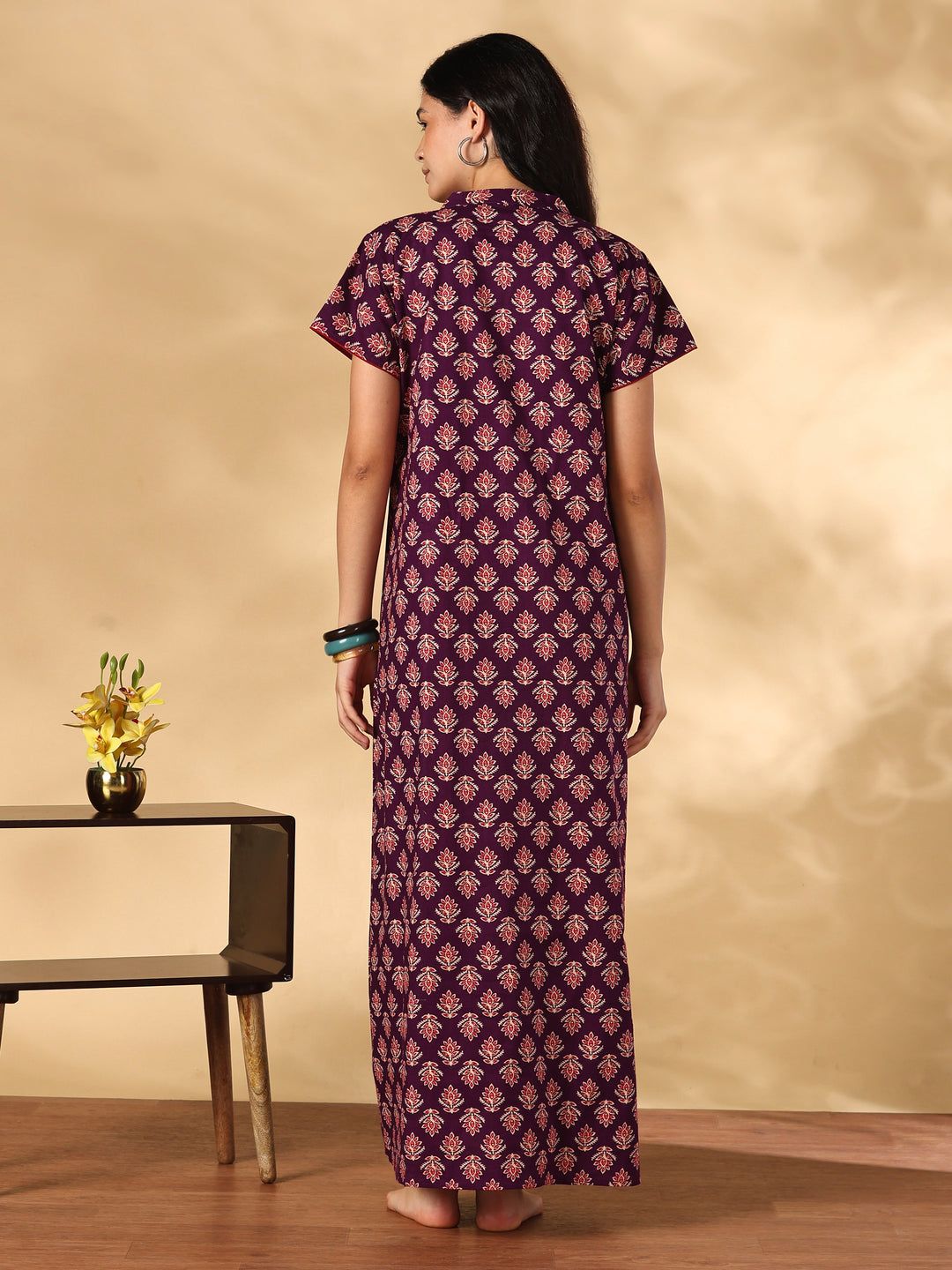 Pure cotton night dress for women with mandarin collar