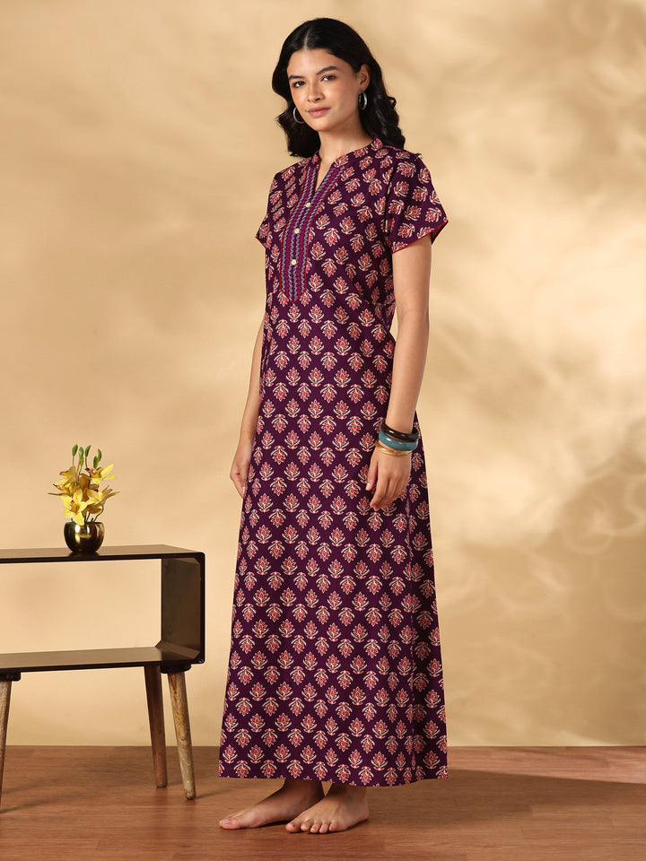 Pure cotton night dress for women with mandarin collar