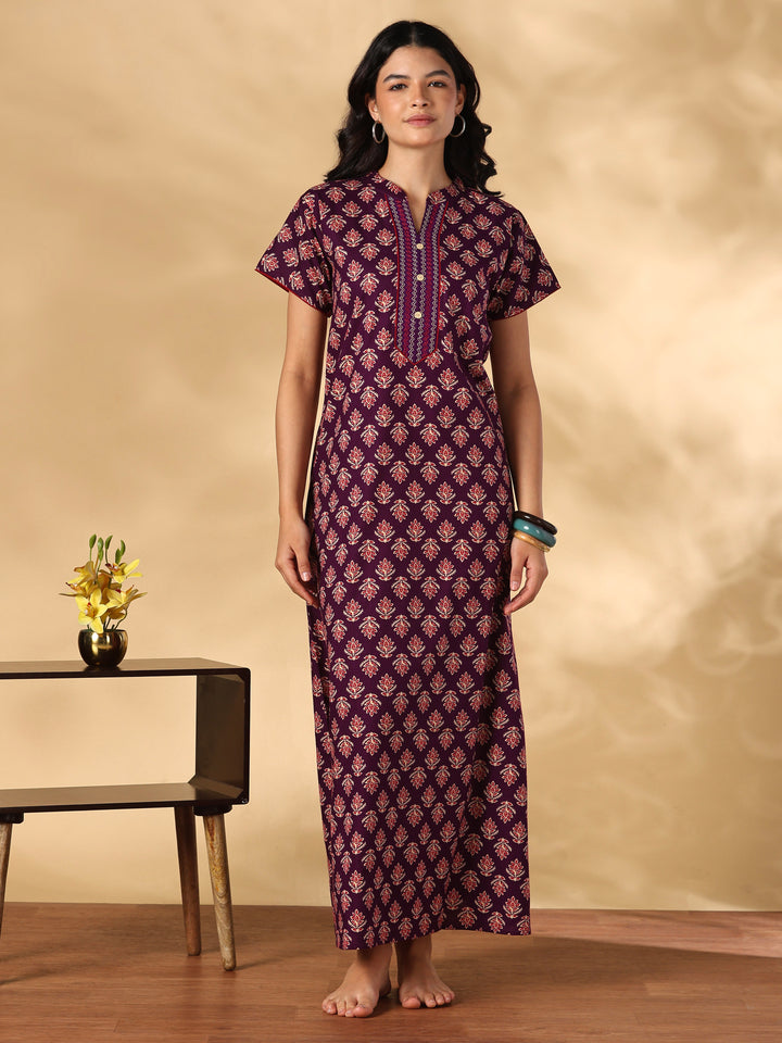 Pure cotton night dress for women with mandarin collar