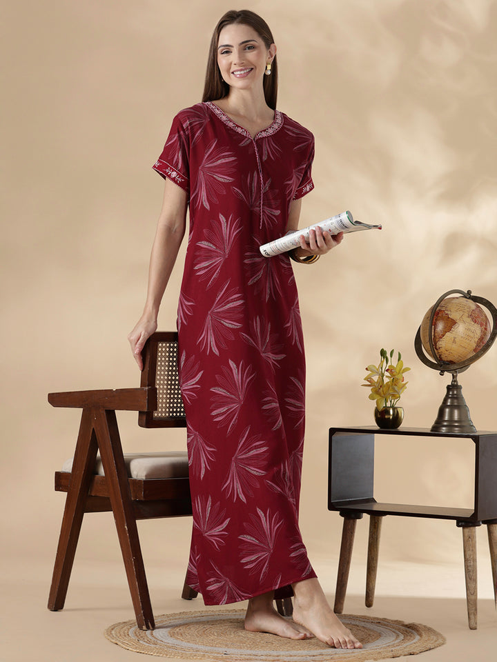 Alpine floral dusk maroon cozy feeding nighty for women