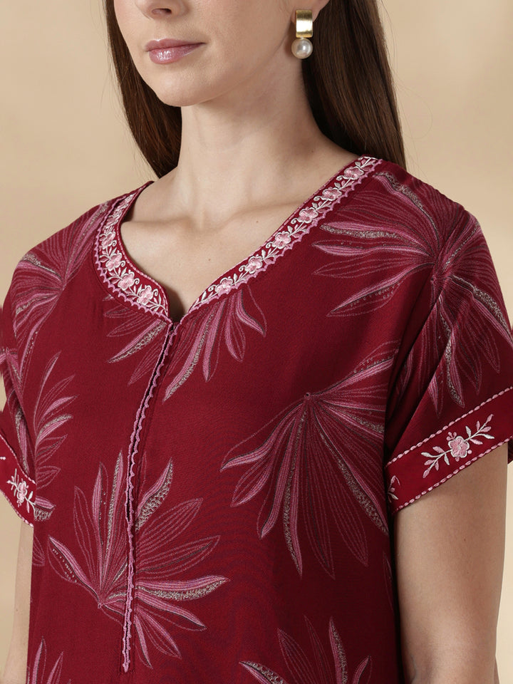 Alpine floral dusk maroon cozy feeding nighty for women