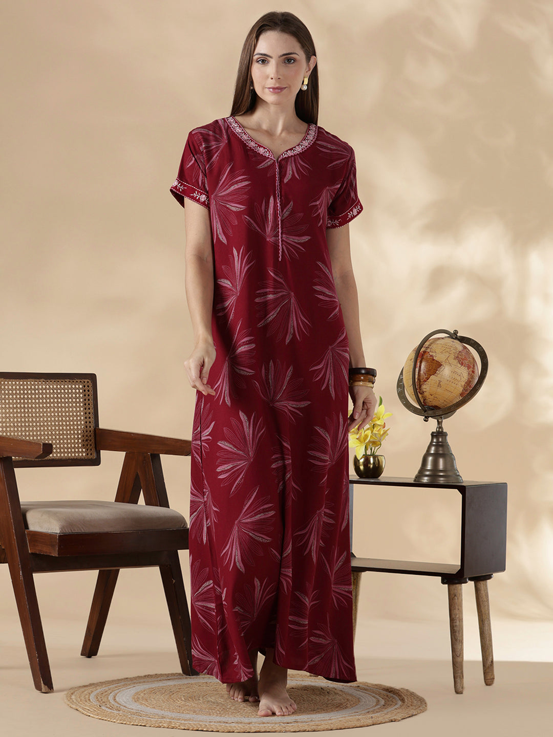 Alpine floral dusk maroon cozy feeding nighty for women